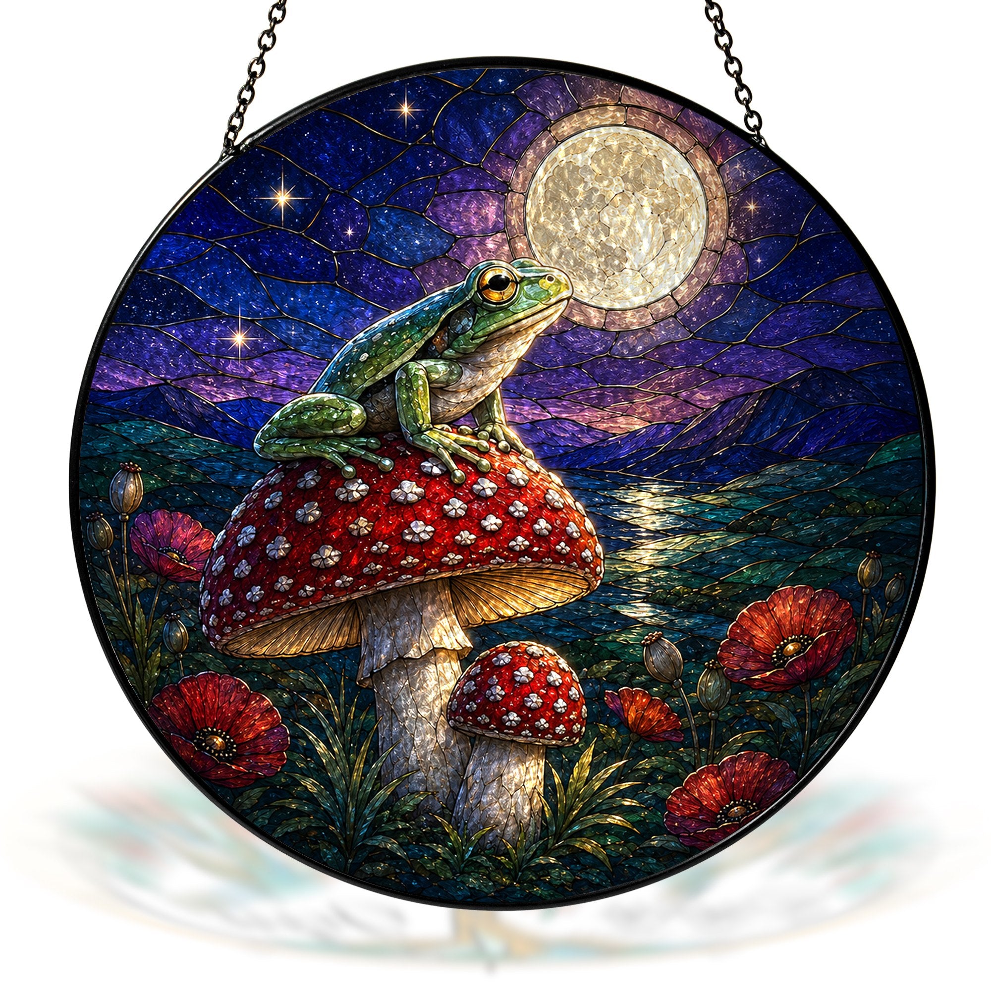 Frog on Mushroom Moonlit Stained Glass Suncatcher