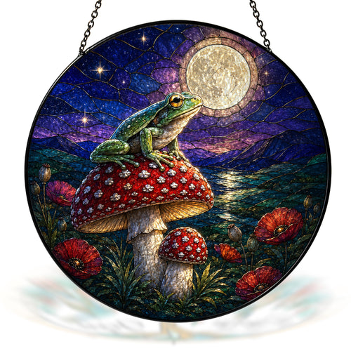 Frog on Mushroom Moonlit Stained Glass Suncatcher