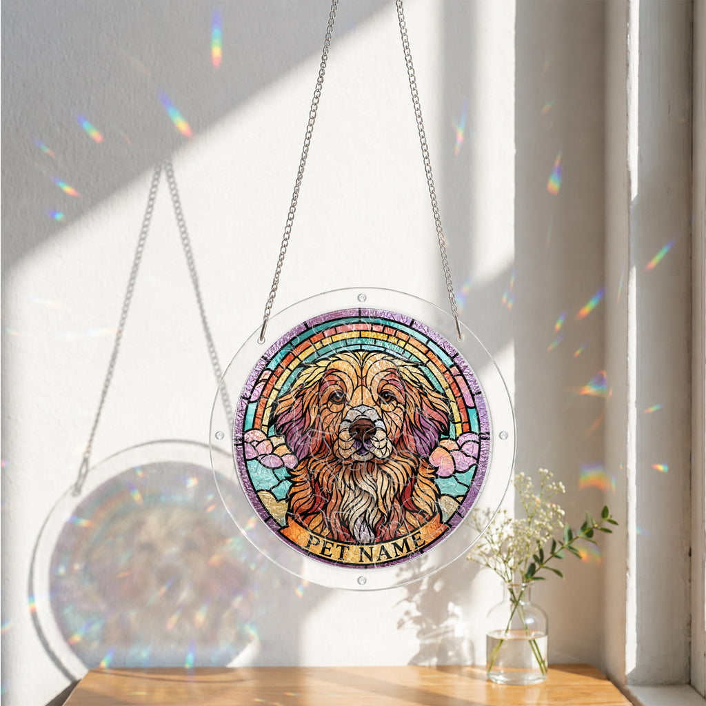 Dog memorial puzzle suncatcher catching colorful sunlight