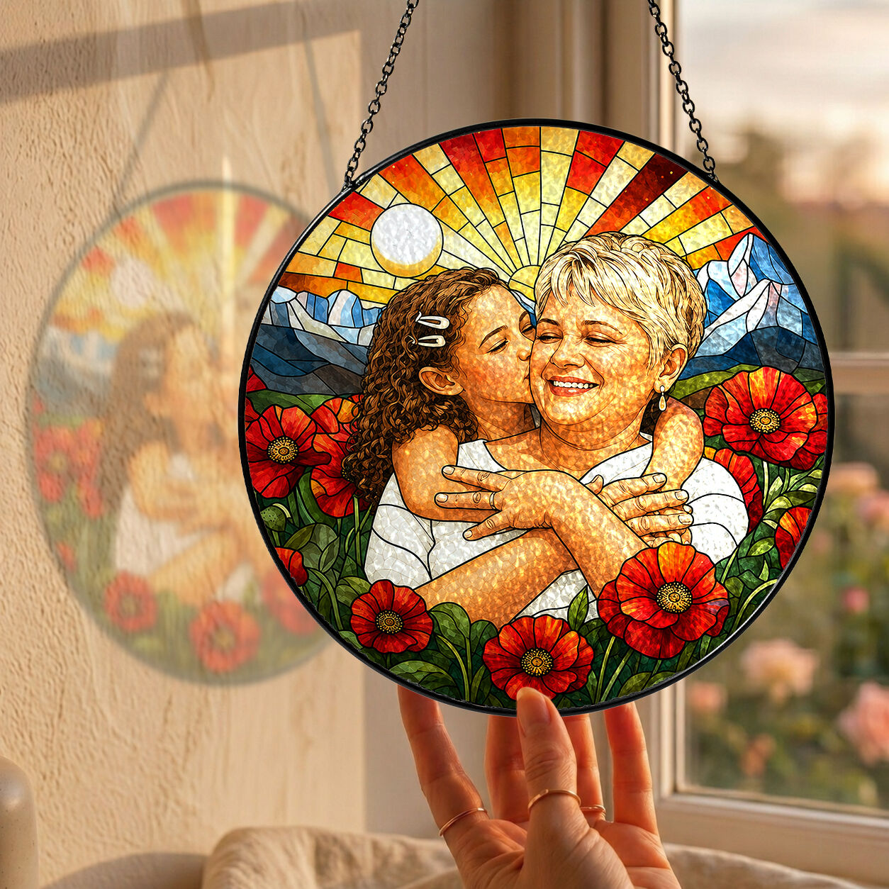 Personalized Poppy Sunrise Photo Stained Glass Suncatcher