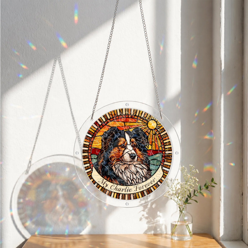 Dog memorial puzzle suncatcher catching colorful sunlight