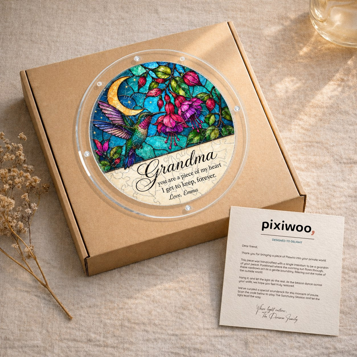 Personalized Grandma Hummingbird Acrylic Puzzle Suncatcher