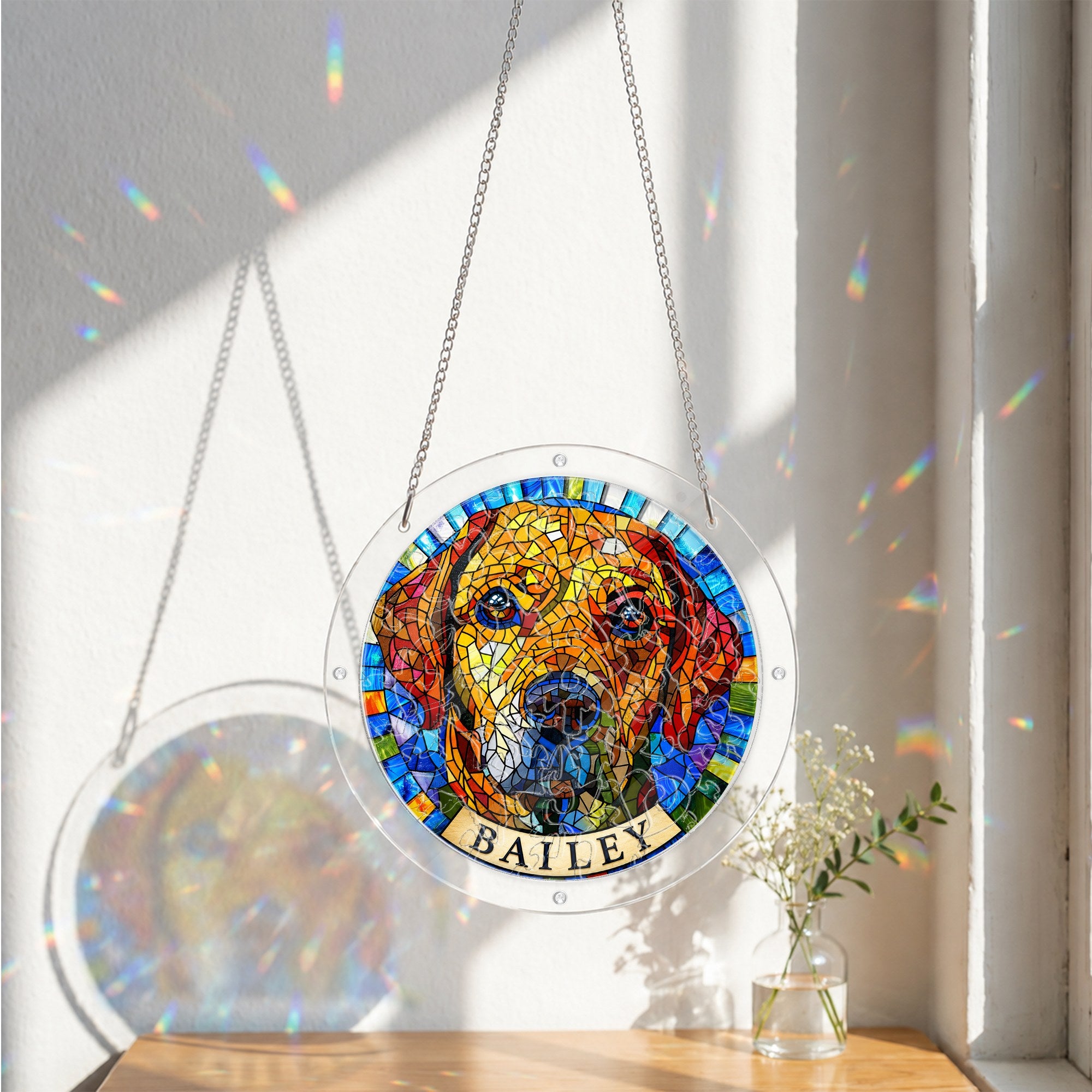 Rainbow mosaic dog memorial suncatcher hanging in a sunlit window with sheer curtains