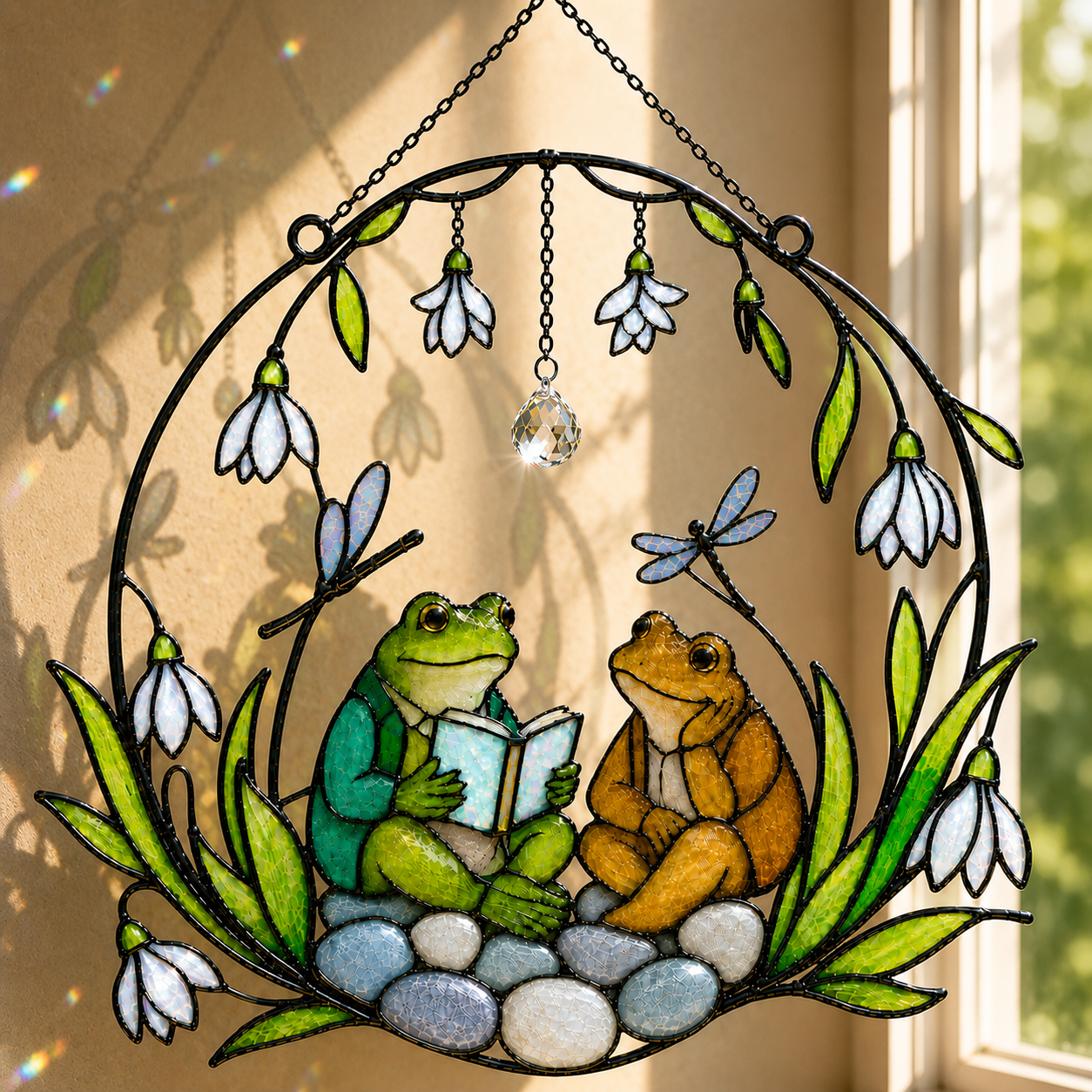 Frog Couple Reading a Book Holographic Acrylic Suncatcher