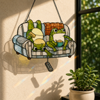 Frog Couple Movie Night on Couch Holographic Acrylic Suncatcher