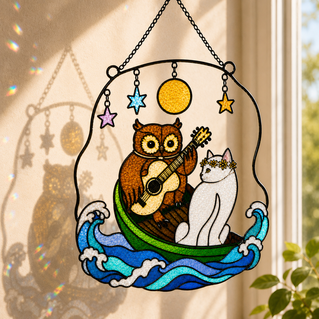 Owl and Cat Couple in a Boat Holographic Acrylic Suncatcher
