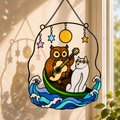 Owl and Cat Couple in a Boat Holographic Acrylic Suncatcher