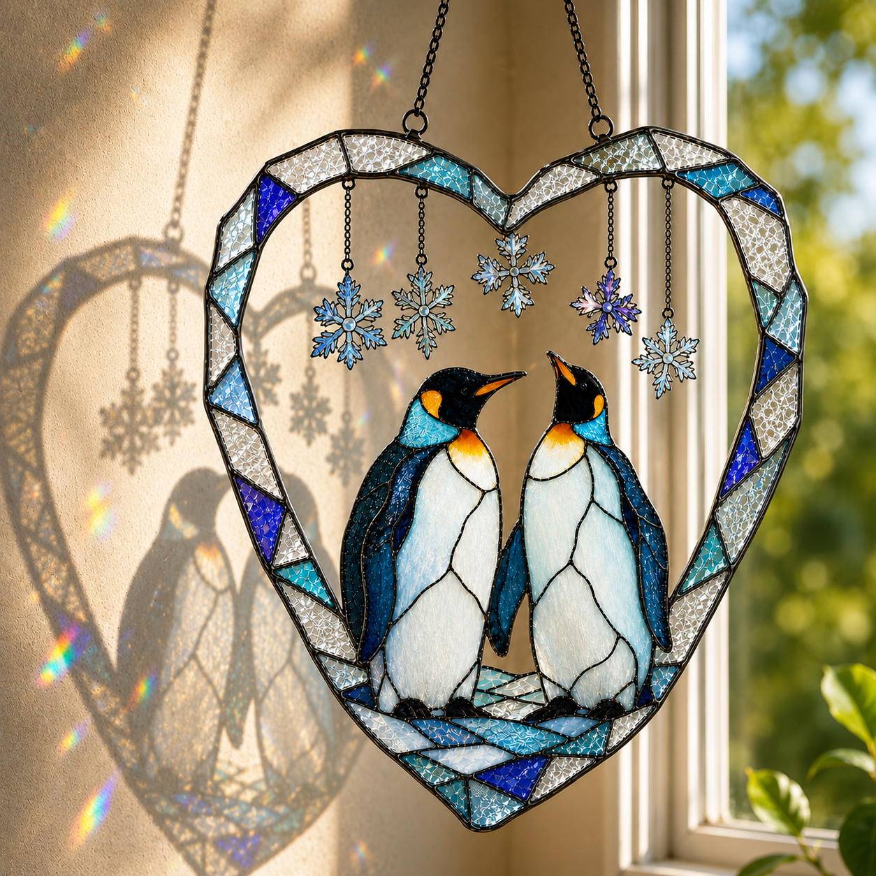 Penguin Couple Heart Snowflake Holographic Acrylic Suncatcher