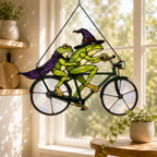 Witch Frog Couple on a Bicycle Holographic Acrylic Suncatcher