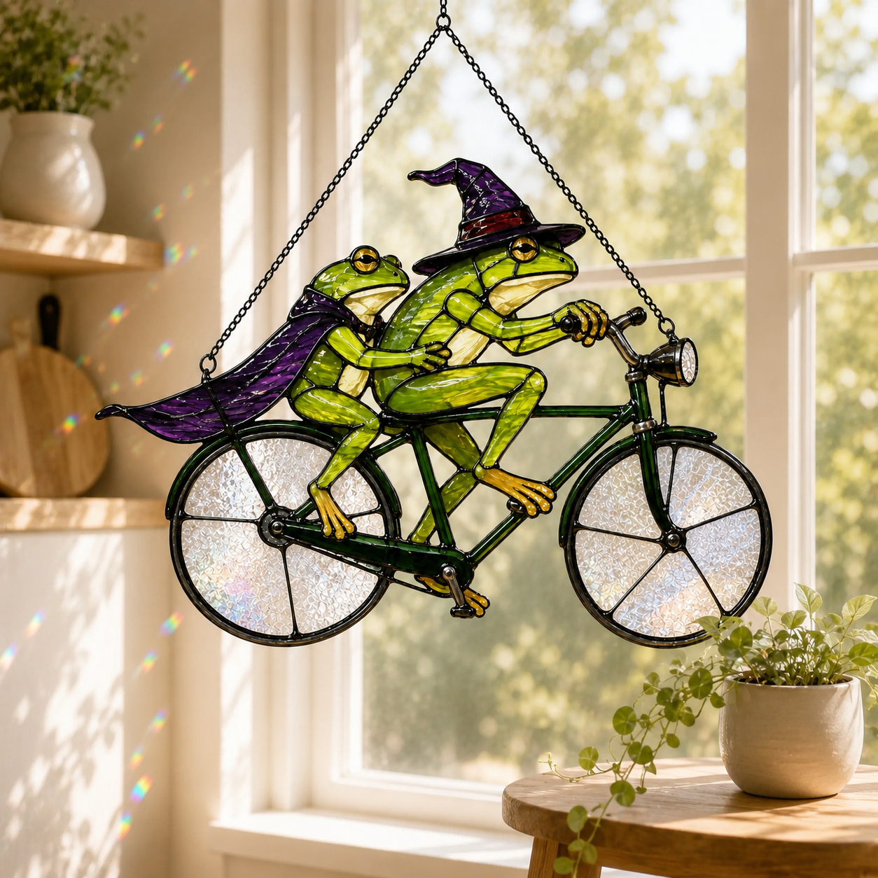 Witch Frog Couple on a Bicycle Holographic Acrylic Suncatcher