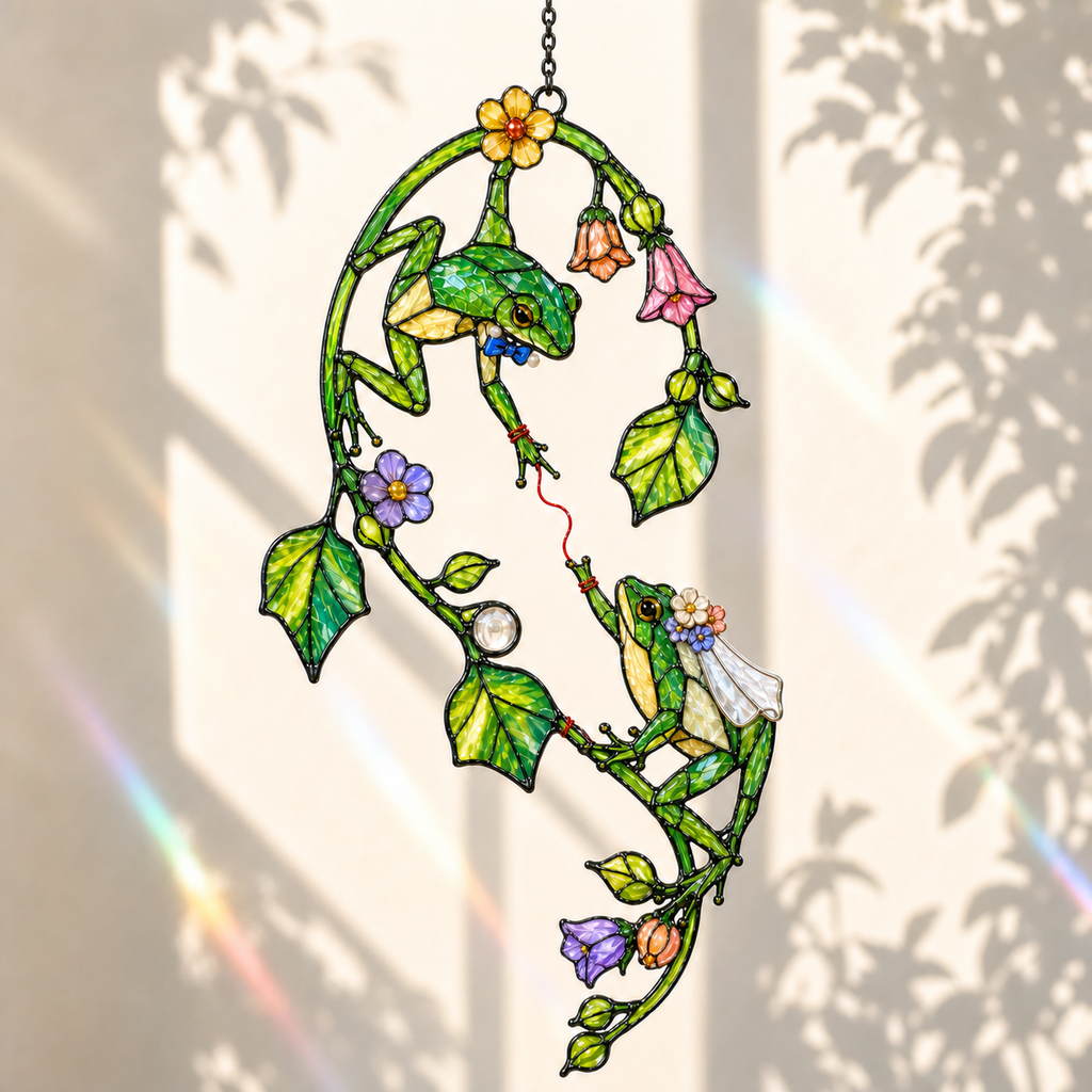 Frog Couple on Flower Vine Holographic Acrylic Suncatcher
