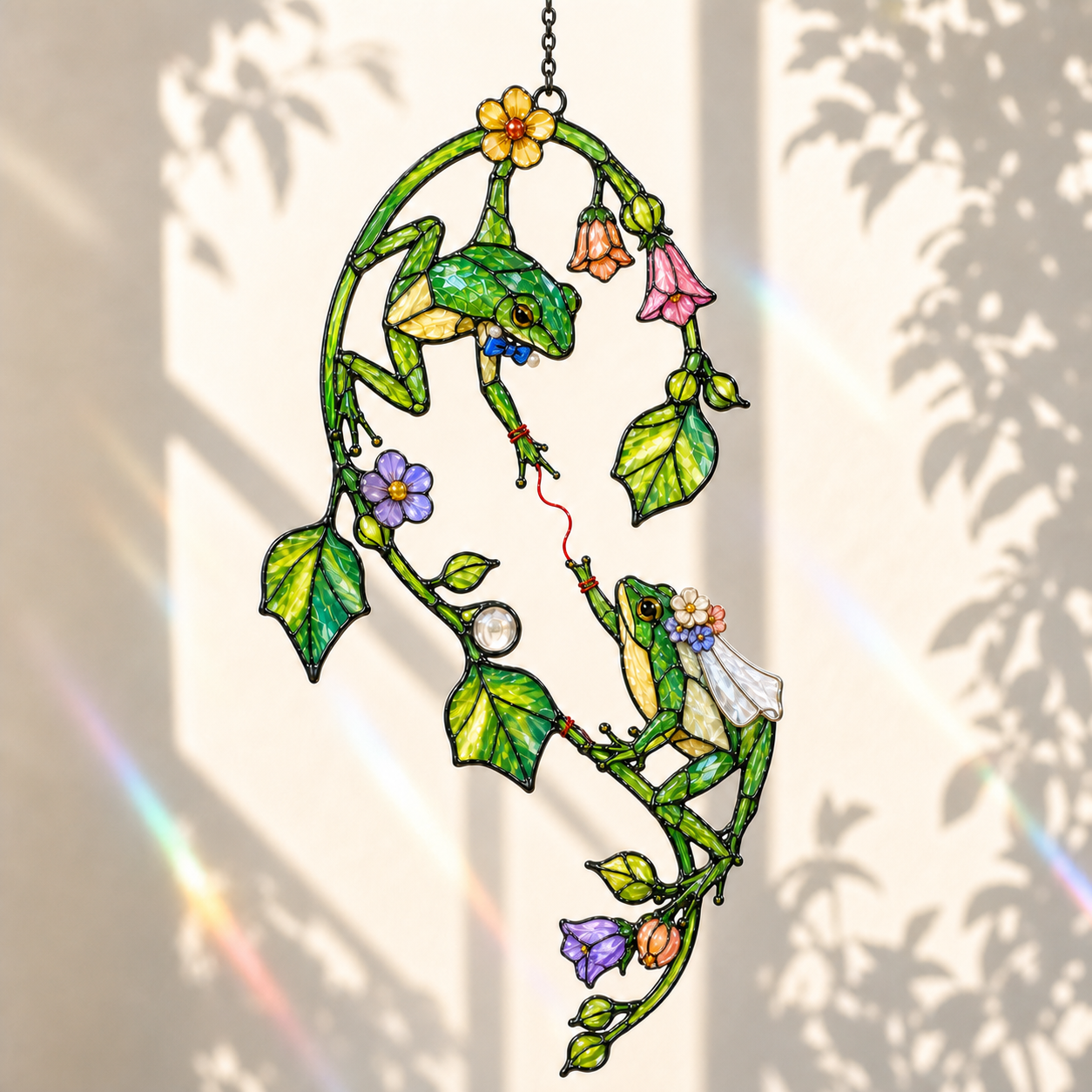 Frog Couple on Flower Vine Holographic Acrylic Suncatcher