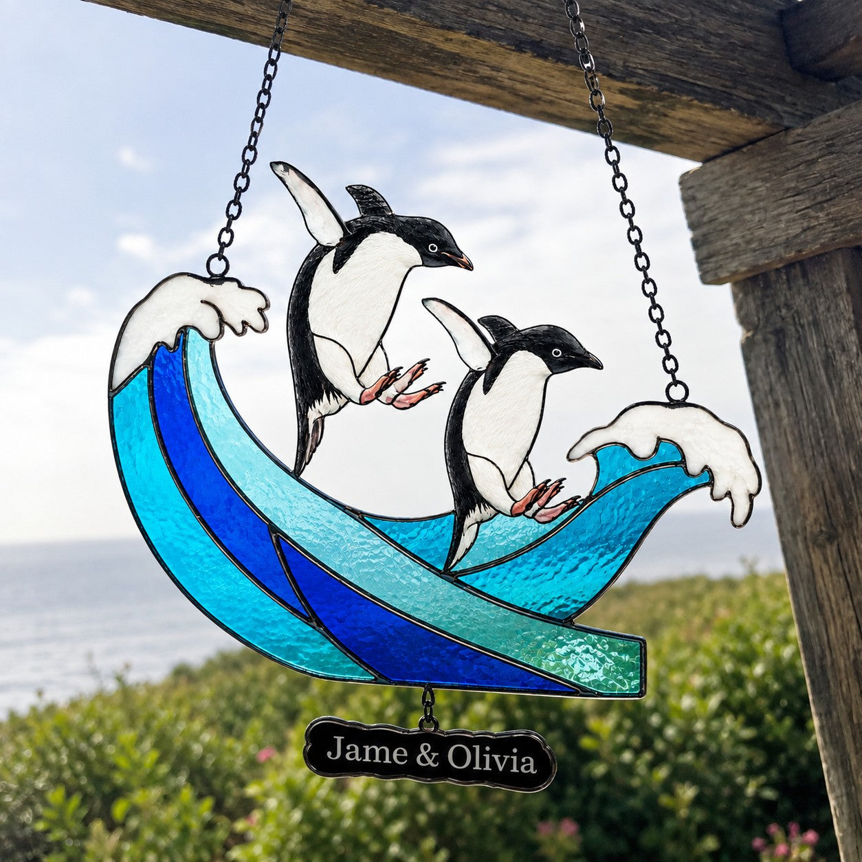 Personalized Penguin Couple Ocean Wave Holographic Acrylic Suncatcher