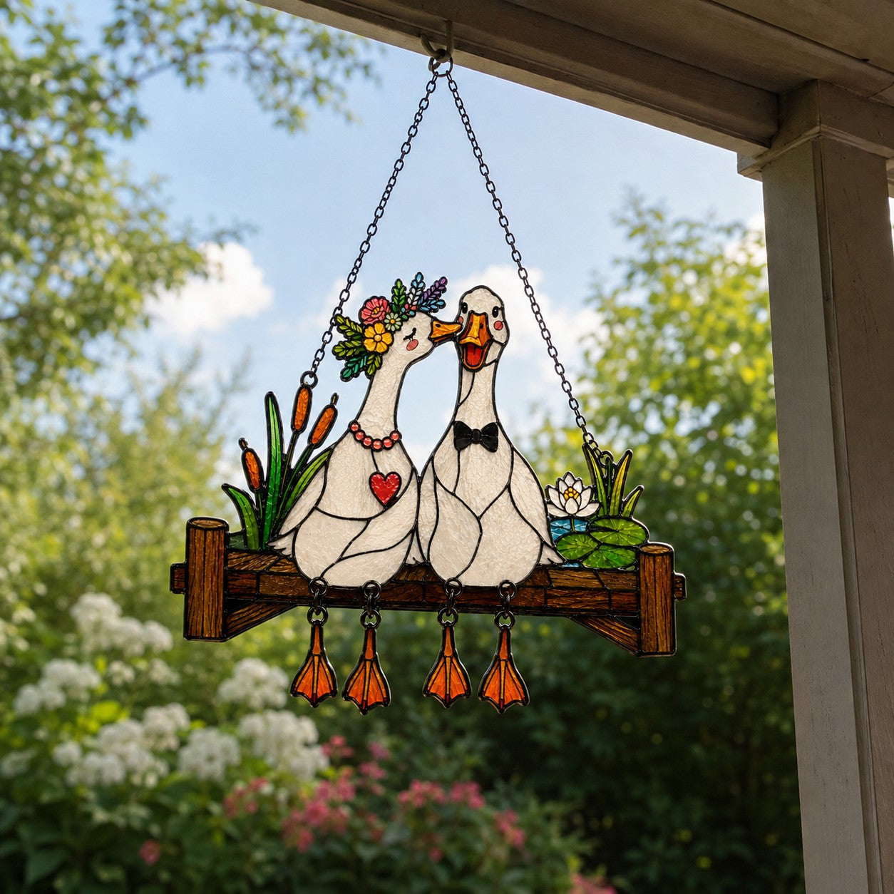 Personalized Goose Couple Wedding Fence Holographic Acrylic Suncatcher