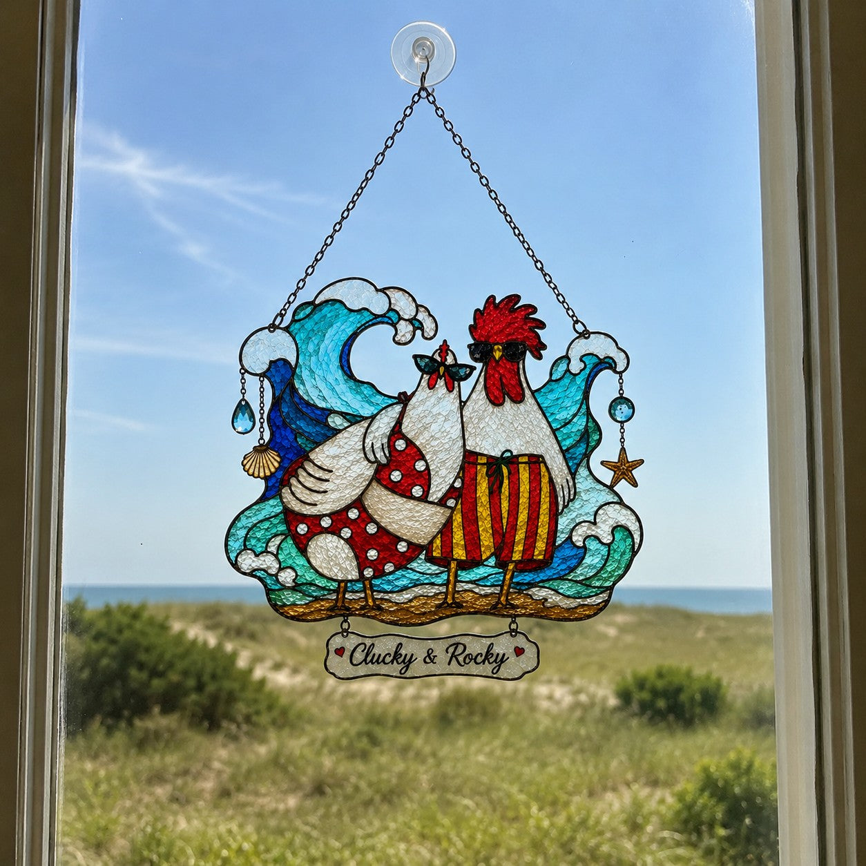 Personalized Beach Chicken Couple Holographic Acrylic Suncatcher