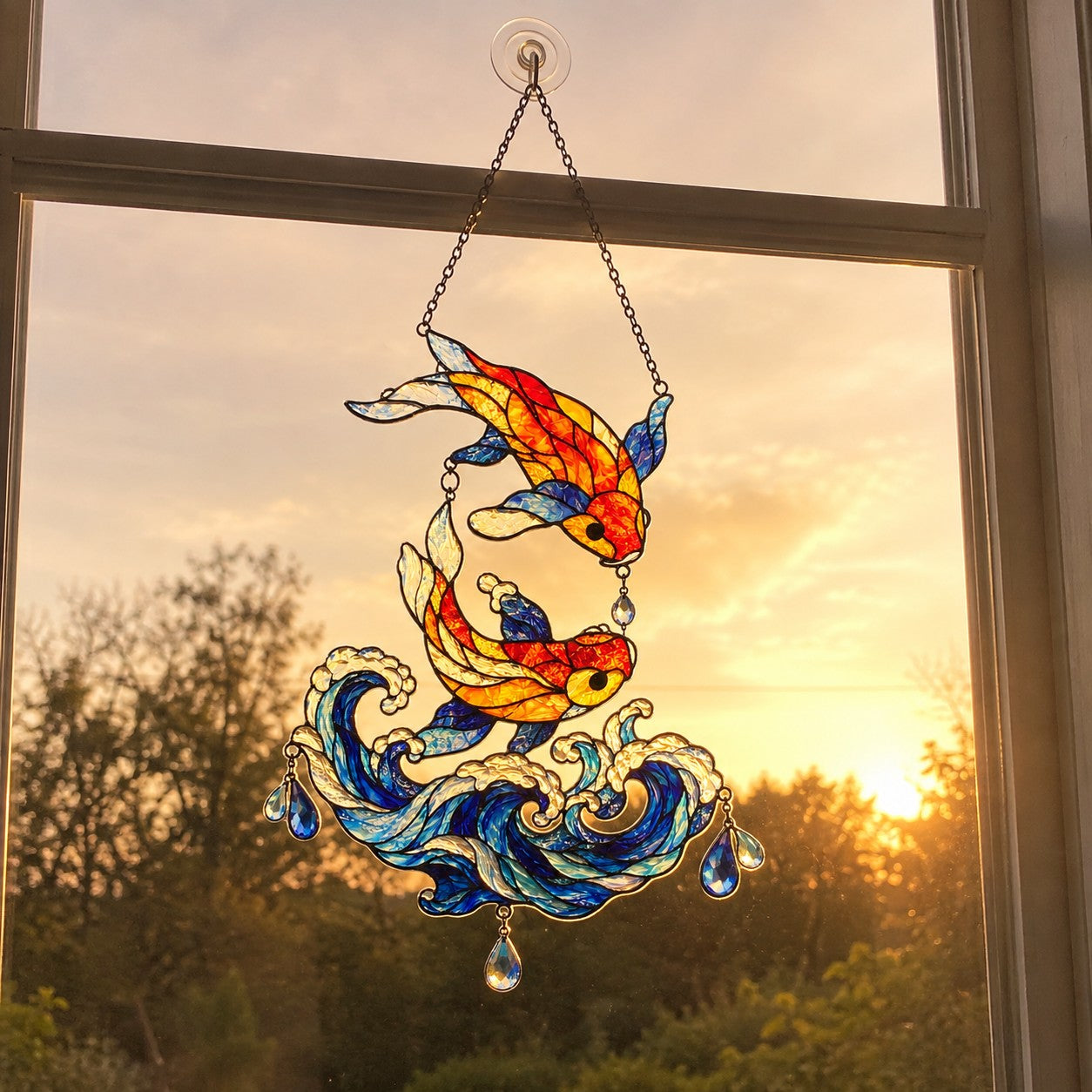 Koi Fish Couple Ocean Wave Holographic Acrylic Suncatcher