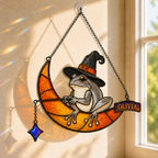 Witch Hat Frog on Crescent Moon Holographic Acrylic Suncatcher