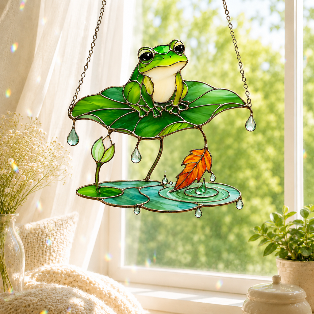 Frog Under Lotus Leaf Umbrella Holographic Acrylic Suncatcher