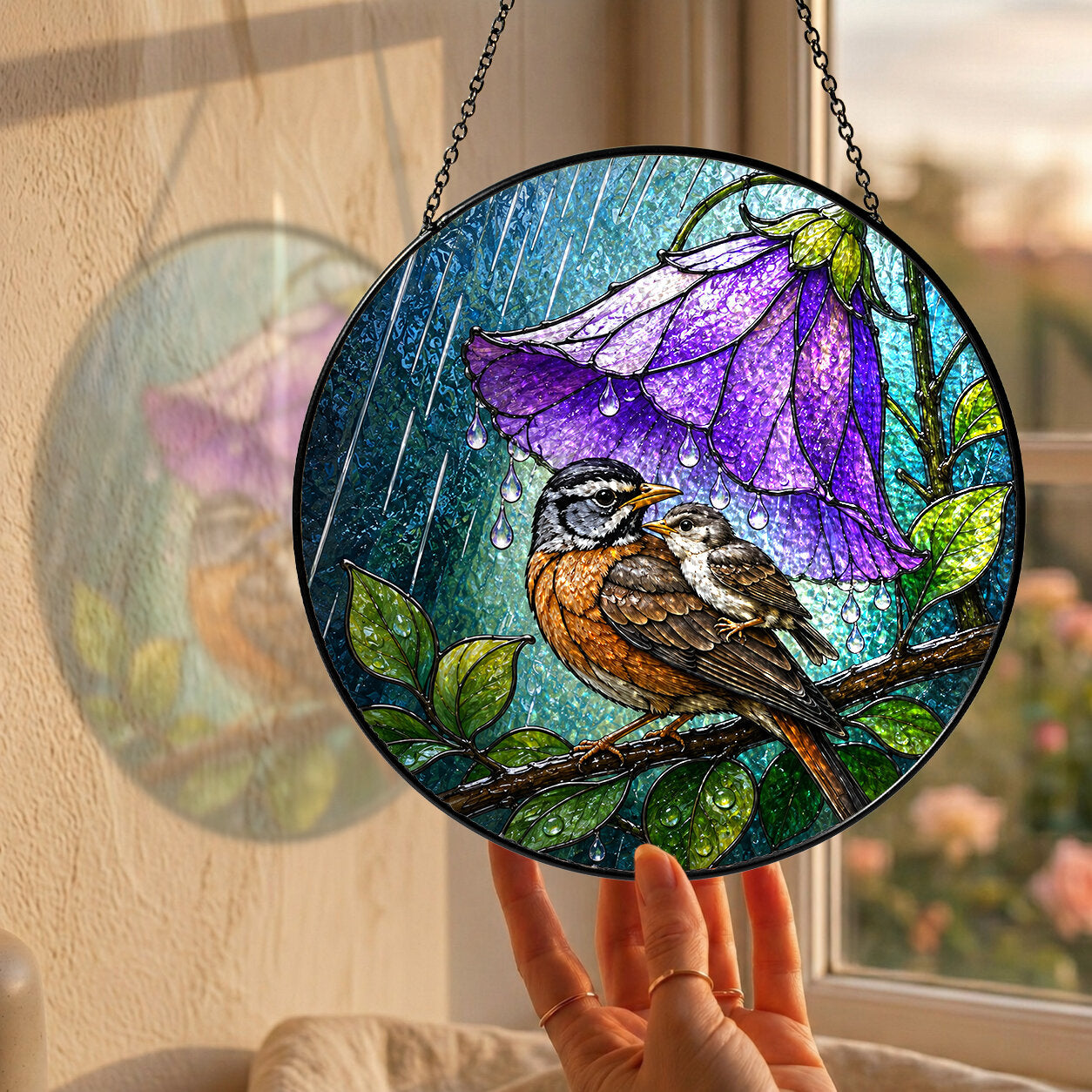 Bird & Purple Bellflower Umbrella Stained Glass Suncatcher