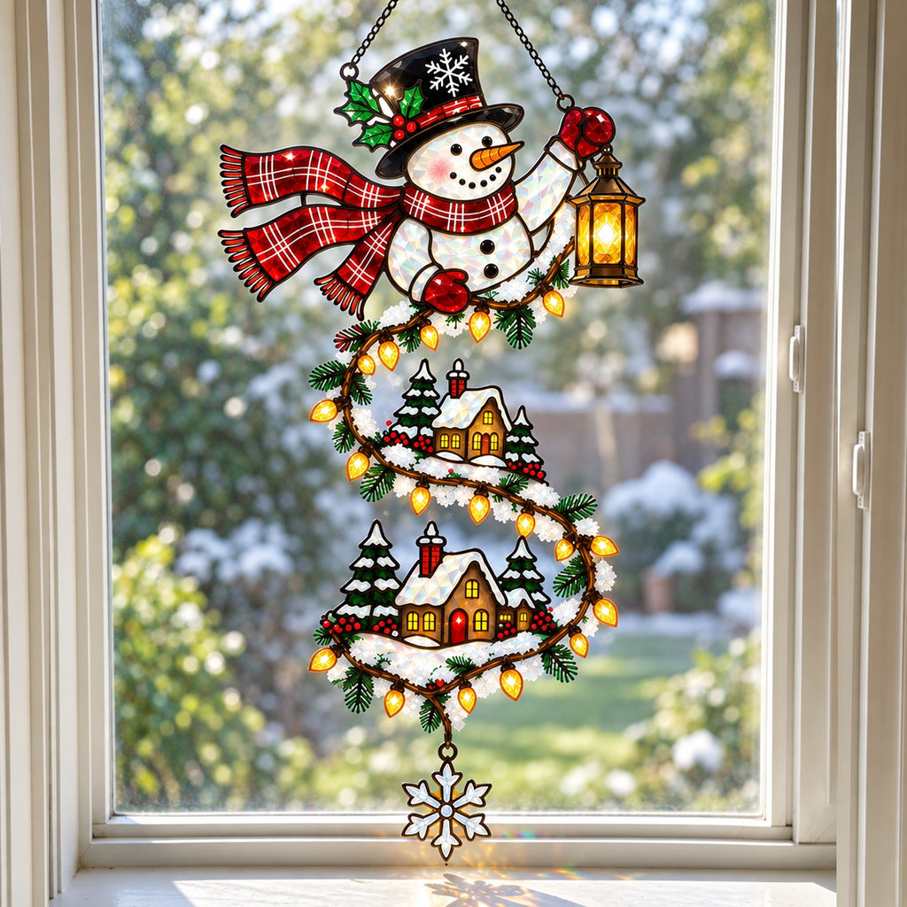 Personalized Snowman with Lantern & Winding Village Holographic Acrylic Suncatcher