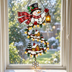 Personalized Snowman with Lantern & Winding Village Holographic Acrylic Suncatcher
