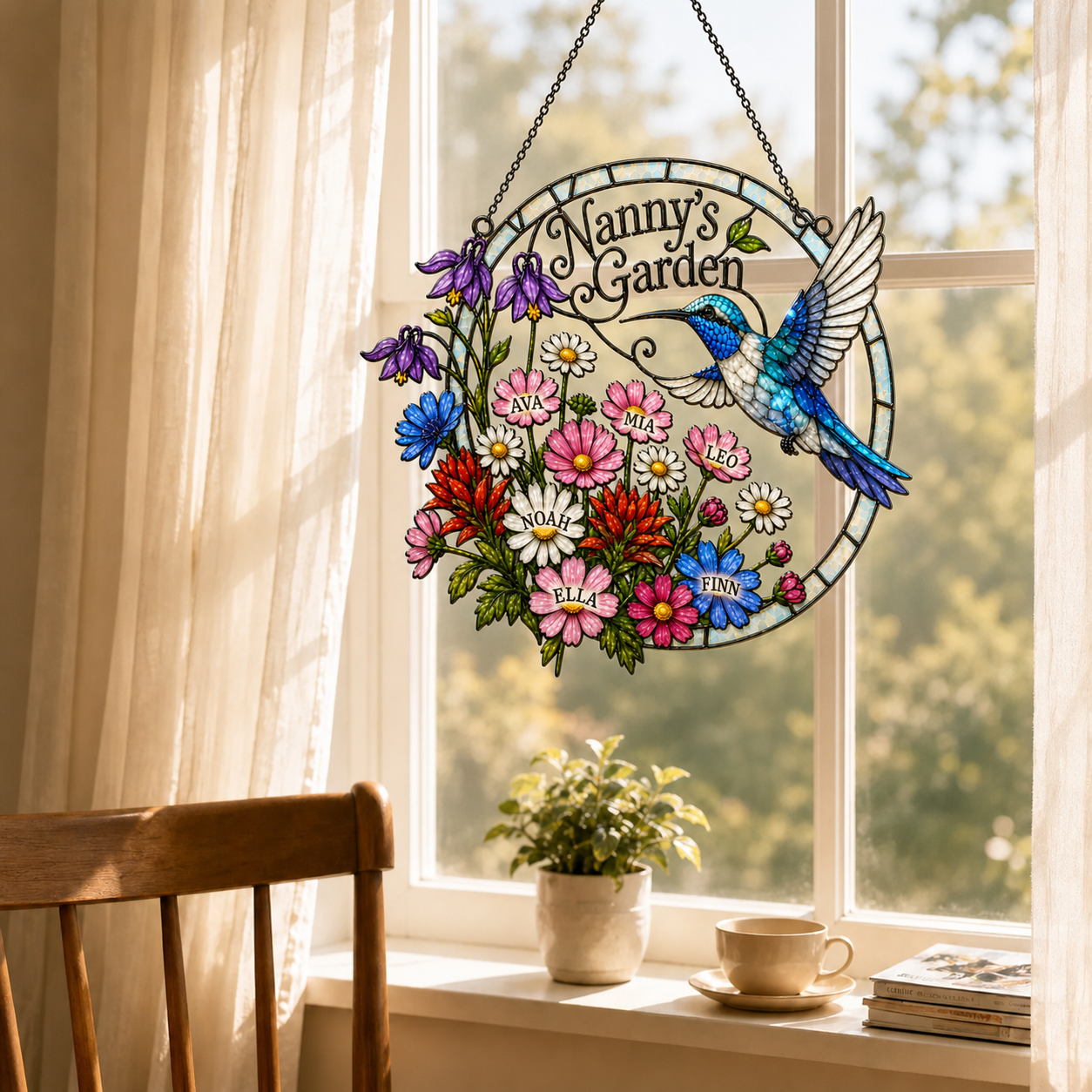 Personalized Nanny's Garden Hummingbird Holographic Acrylic Suncatcher