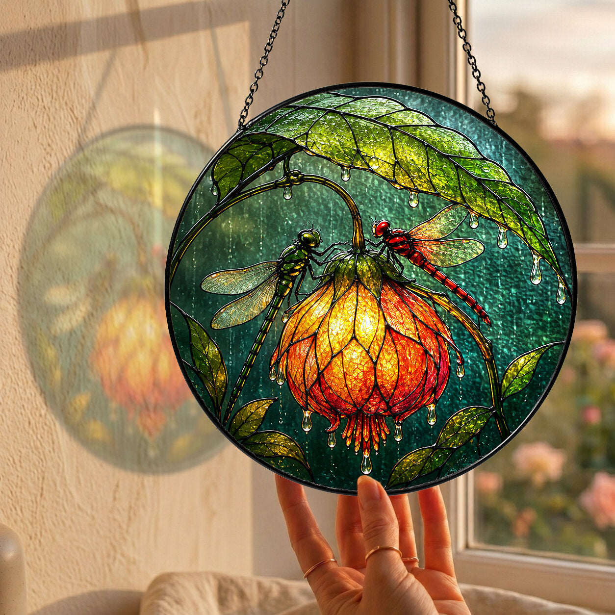 Dragonfly & Glowing Fuchsia Stained Glass Suncatcher