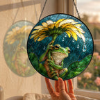 Frog with Sunflower Umbrella Stained Glass Suncatcher
