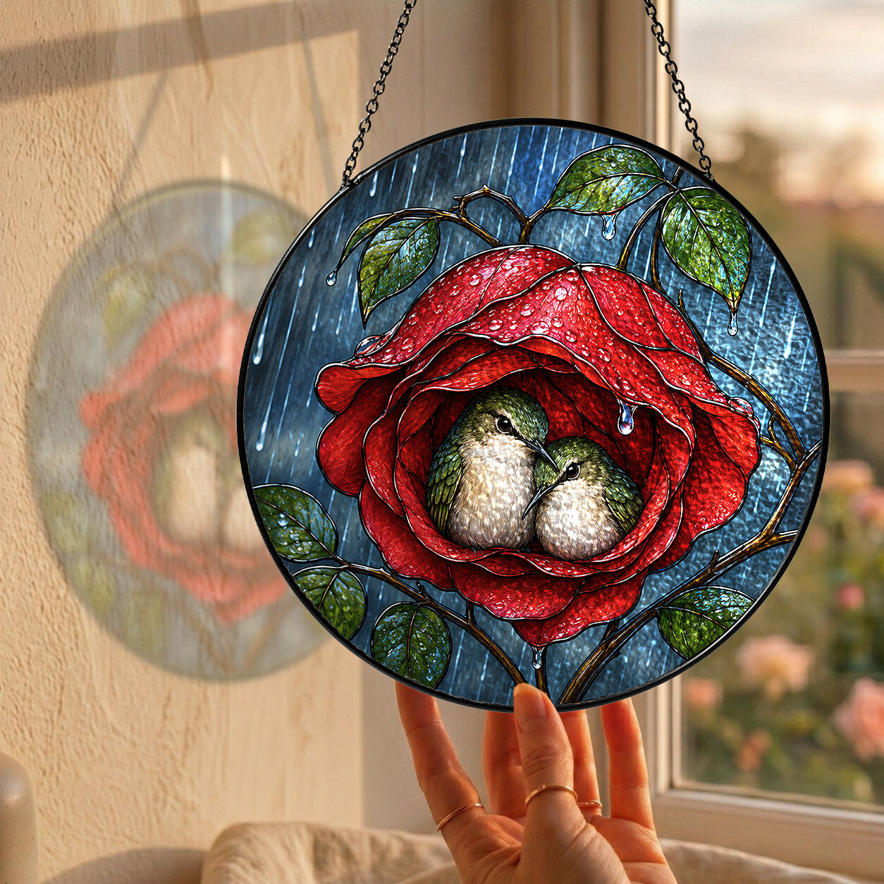 Lovebirds in a Rose Stained Glass Suncatcher