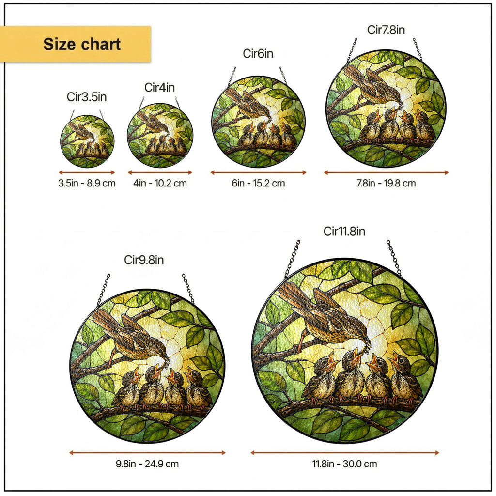 Mother Bird Feeding Chicks Stained Glass Suncatcher