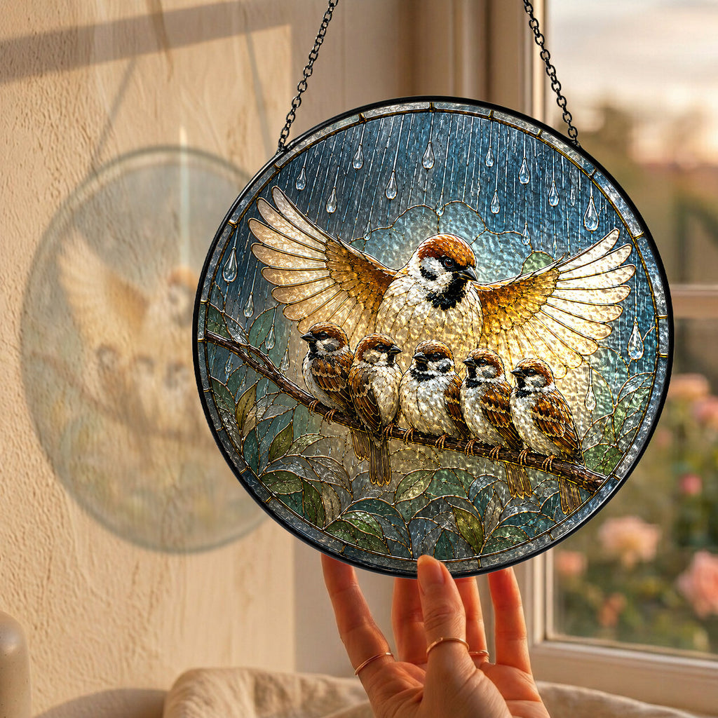 Mother Sparrow Sheltering Chicks Stained Glass Suncatcher
