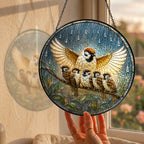 Mother Sparrow Sheltering Chicks Stained Glass Suncatcher