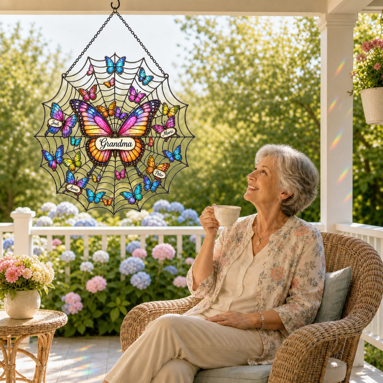 Grandma enjoying the personalized butterfly suncatcher on her porch