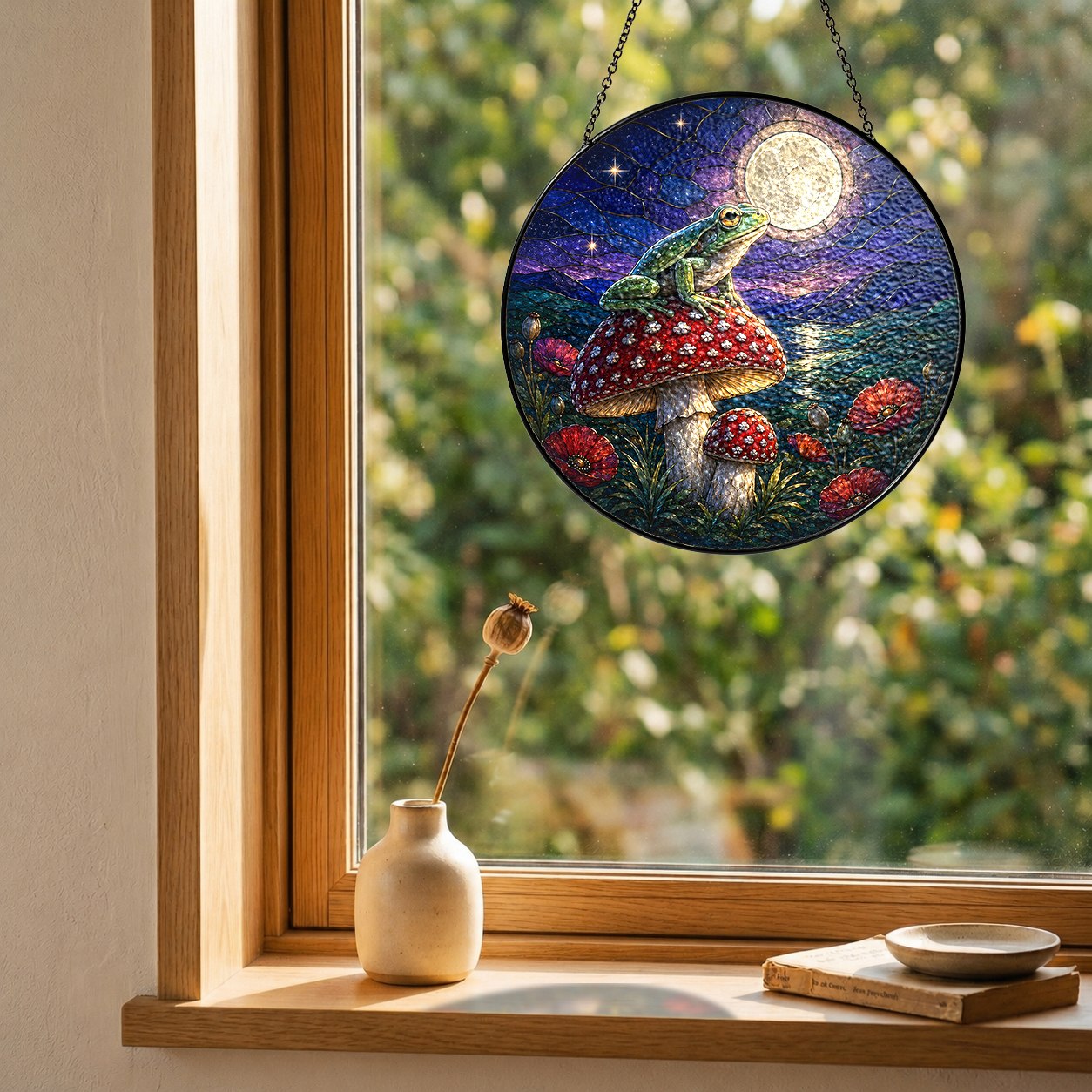 Frog on Mushroom Moonlit Stained Glass Suncatcher