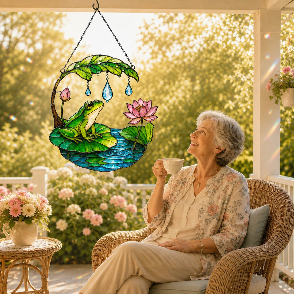 Woman enjoying coffee beside the frog suncatcher on a porch