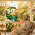 Woman enjoying coffee beside the frog suncatcher on a porch