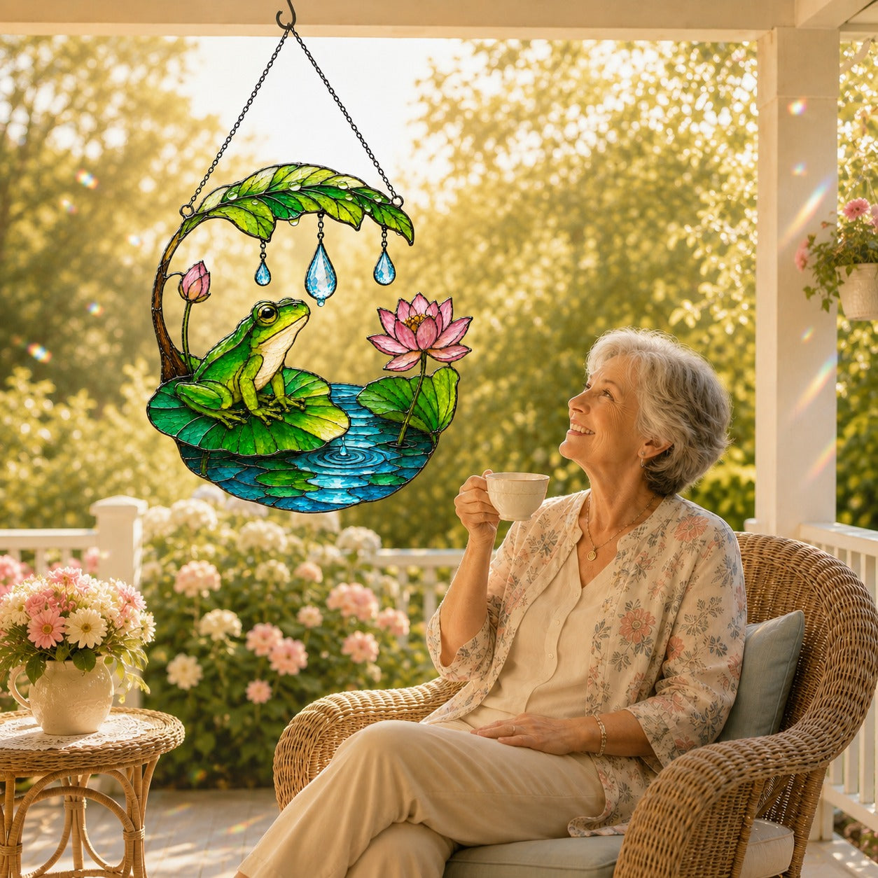 Woman enjoying coffee beside the frog suncatcher on a porch