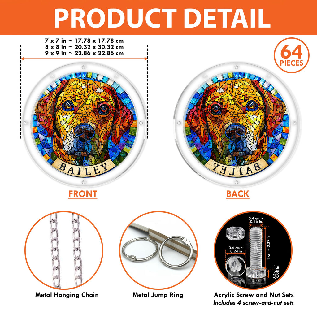 Product detail showing front and back, sizes, metal chain and acrylic hanging hardware