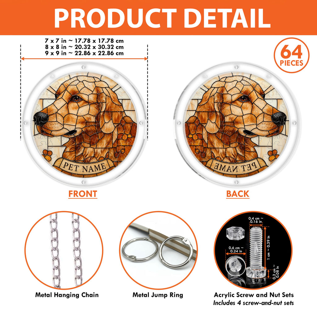 Product detail showing front and back, sizes, metal chain and acrylic hanging hardware