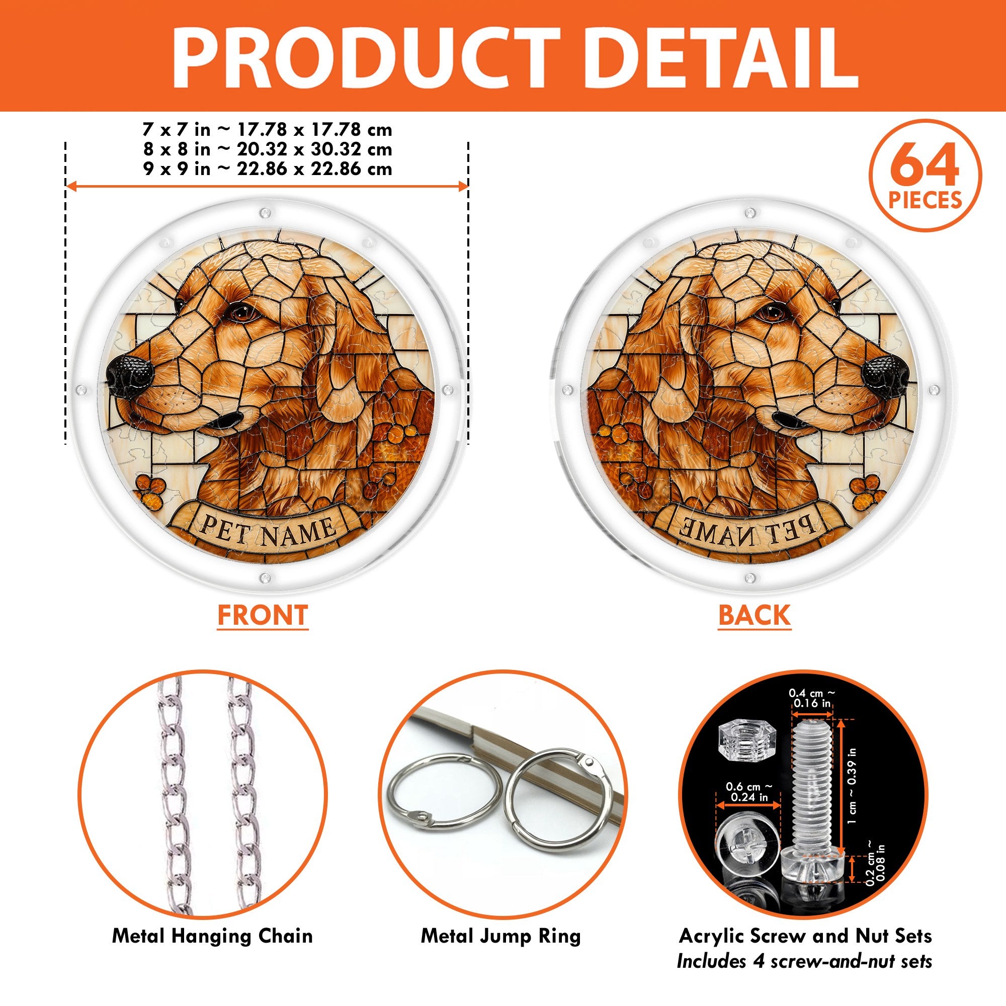 Product detail showing front and back, sizes, metal chain and acrylic hanging hardware