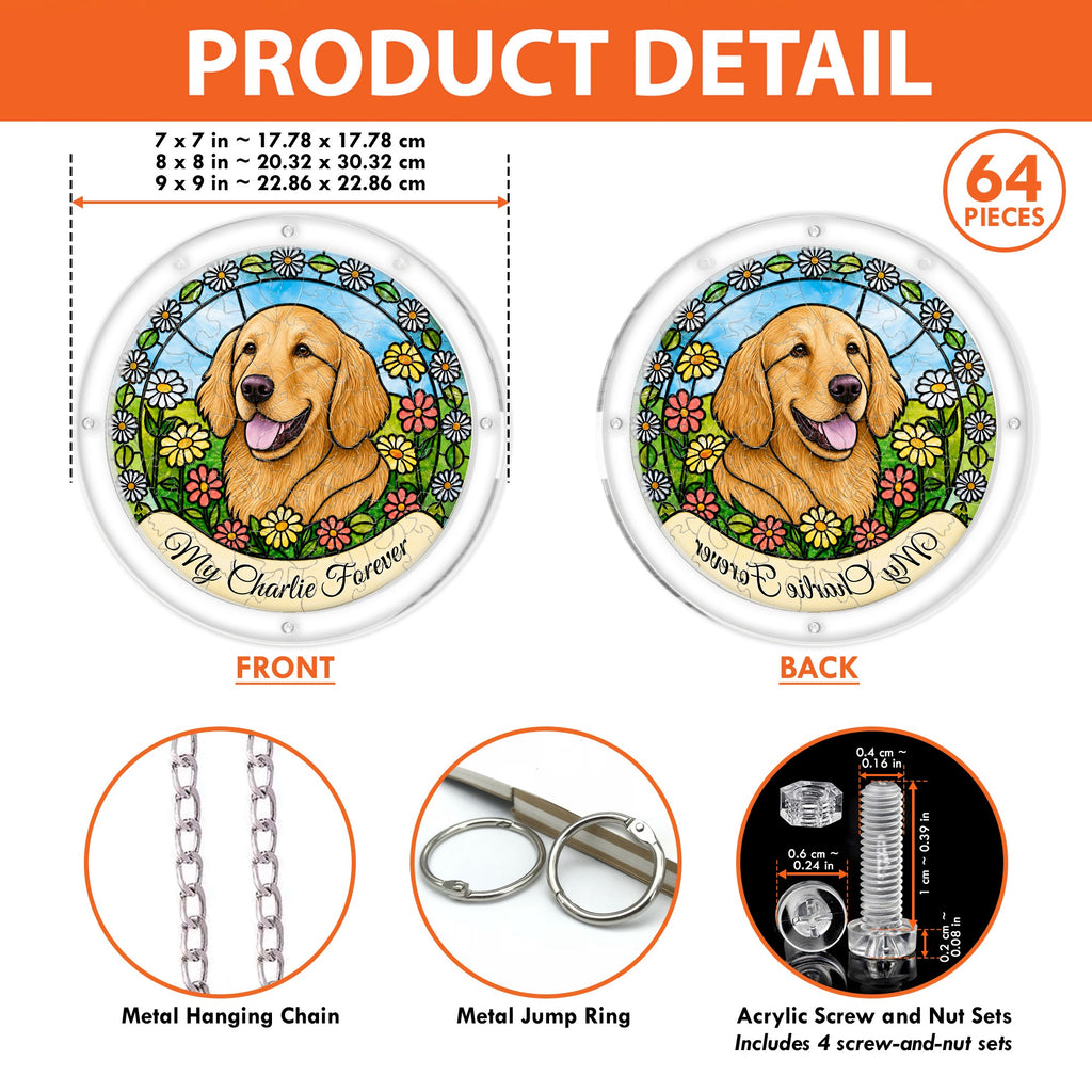 Product detail showing front and back, sizes, metal chain and acrylic hanging hardware