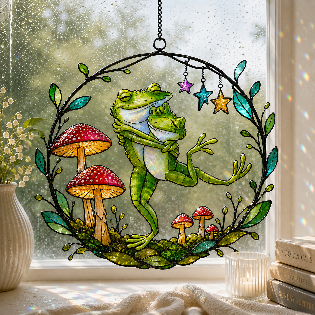 Dancing Frog Couple with Mushrooms Holographic Acrylic Suncatcher