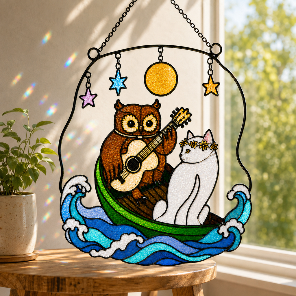 Owl and Cat Couple in a Boat Holographic Acrylic Suncatcher