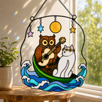 Owl and Cat Couple in a Boat Holographic Acrylic Suncatcher