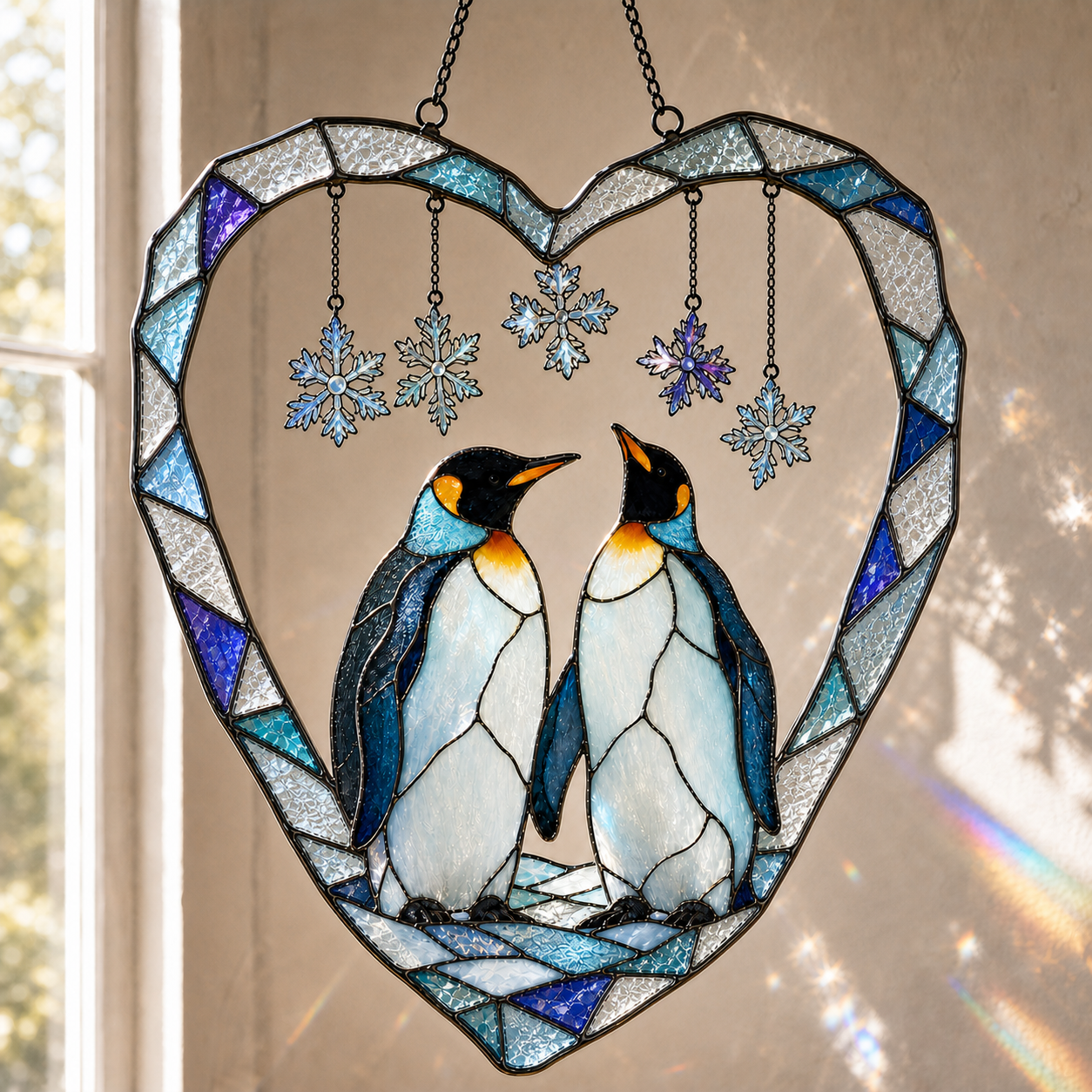 Penguin Couple Heart Snowflake Holographic Acrylic Suncatcher
