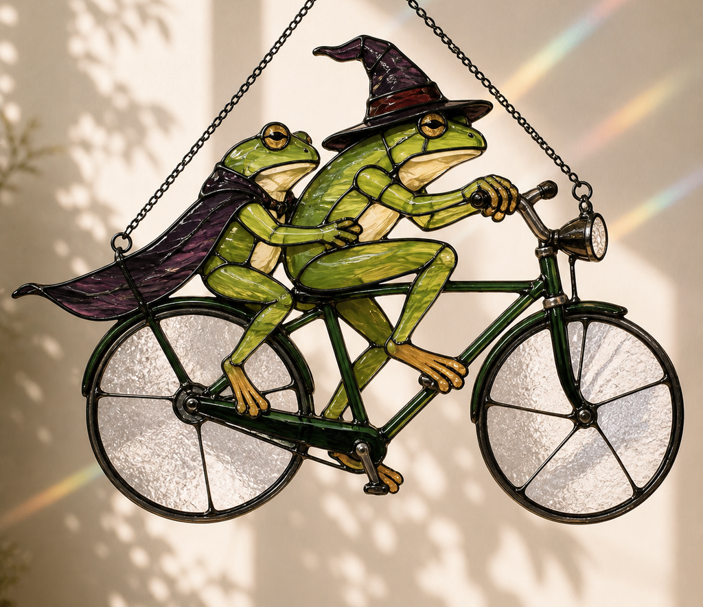 Witch Frog Couple on a Bicycle Holographic Acrylic Suncatcher