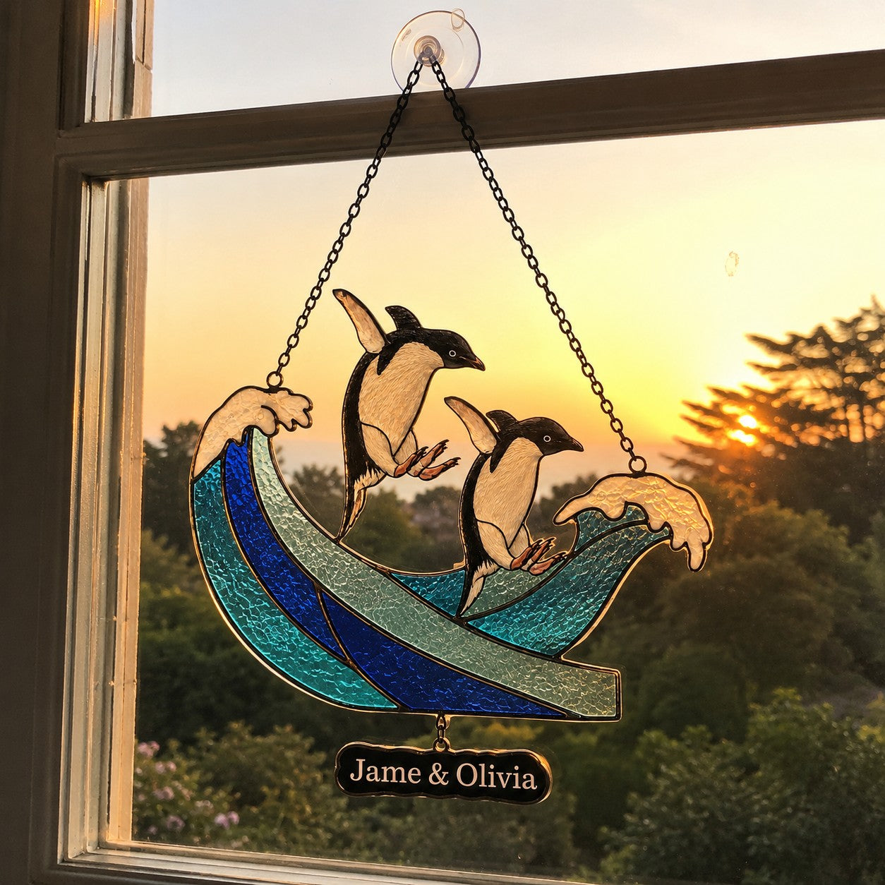 Personalized Penguin Couple Ocean Wave Holographic Acrylic Suncatcher