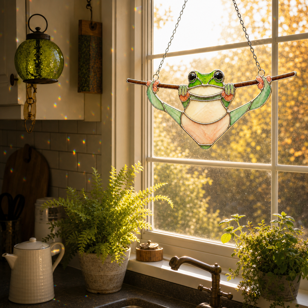 Tree Frog Hanging on a Branch Holographic Acrylic Suncatcher