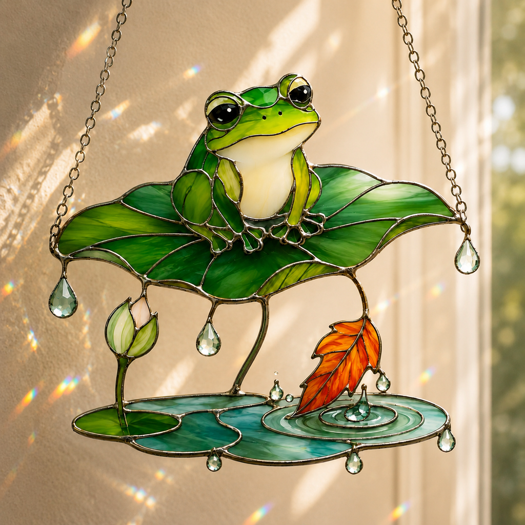 Frog Under Lotus Leaf Umbrella Holographic Acrylic Suncatcher