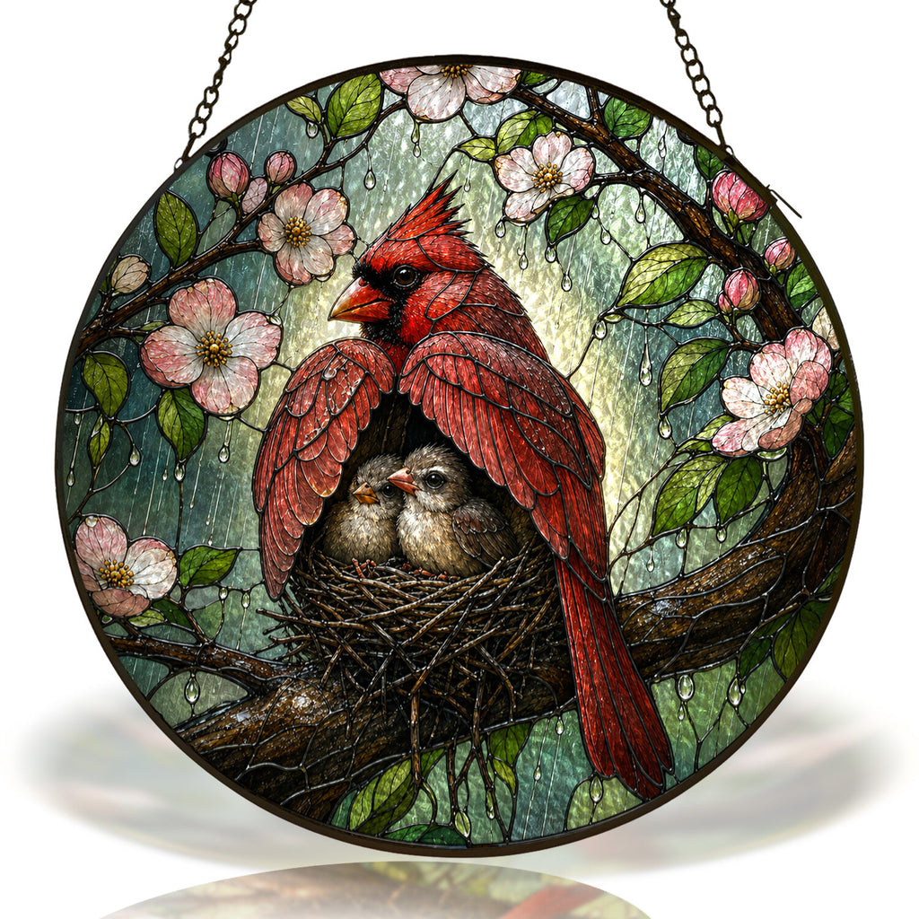 Cardinal Couple & Nest Stained Glass Suncatcher